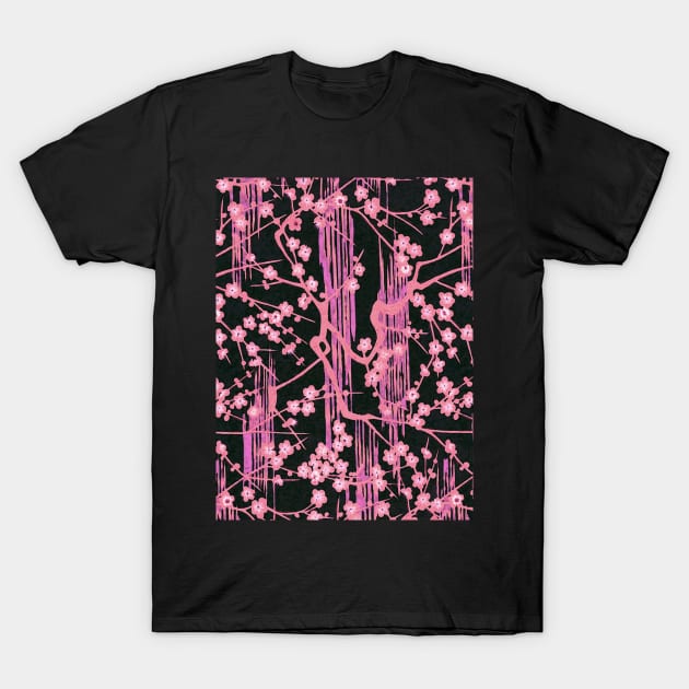 PINK SAKURA FLOWERS IN BLACK Antique Japanese Floral Pattern T-Shirt by BulganLumini